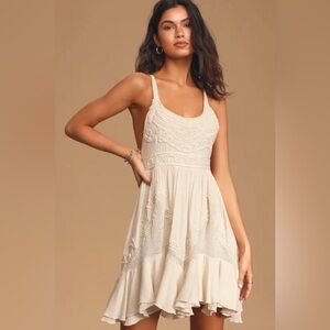 FREE PEOPLE Encrusted Ivory Mesh Embroidered Ruffled Mini Dress